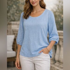 J. Jill 100% Linen Light Blue Scoop Neck Puff Sleeve Top Blouse Size M